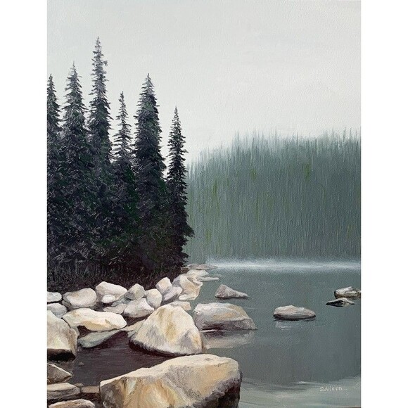 Original Oil Painting Alpine Lake Pines Mist Atmospheric Landscape 11x14" Signed - Picture 1 of 6